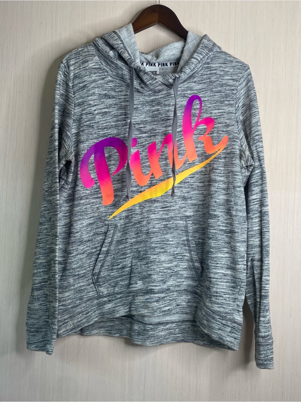PINK Victoria's Secret Gray Hoodie with Pink-Orange Ombré Logo Size Medium
